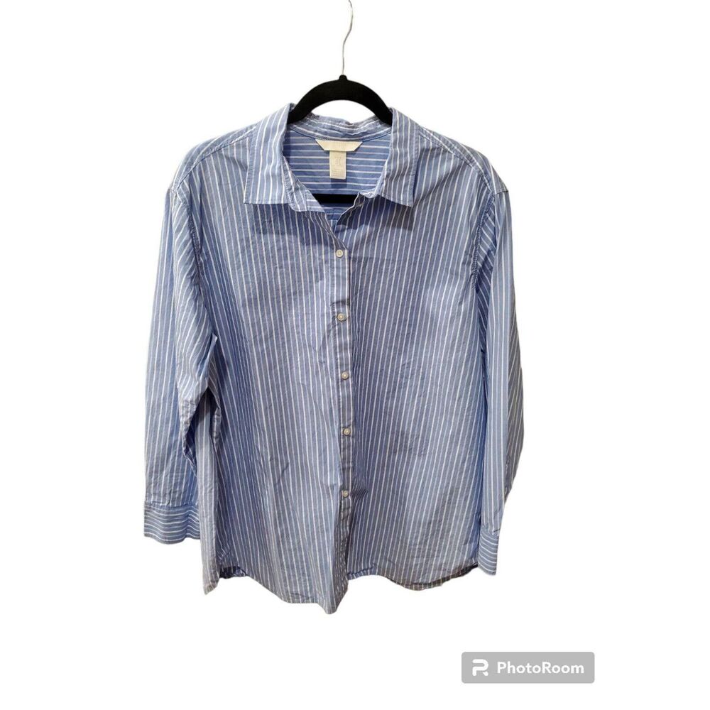 H&M Perfect Shirt Blouse Size M Button Front Blue White Stripe Cotton - Picture 1 of 3